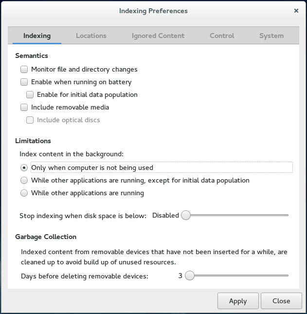 Tracker Indexing Preference on Fedora