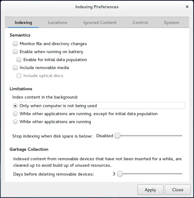 Tracker Indexing Preference on Fedora