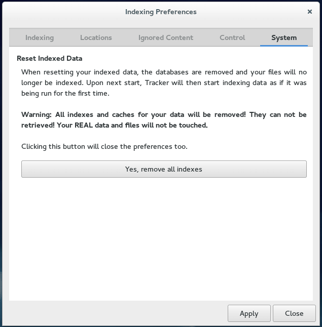 Tracker Indexing / System Preference on Fedora