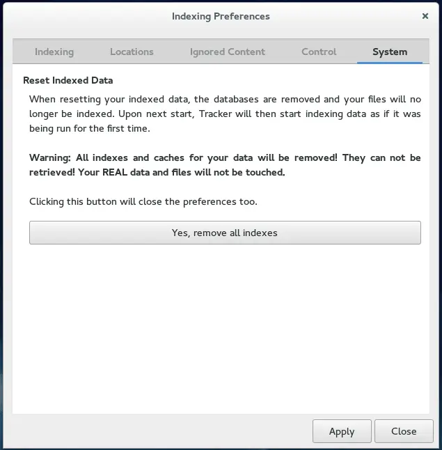 Tracker Indexing / System Preference on Fedora