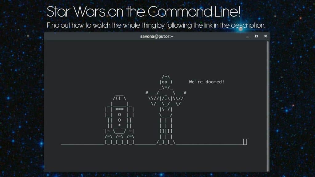 A screenshot showing Star Wars playing in Ascii Art on the Command Line