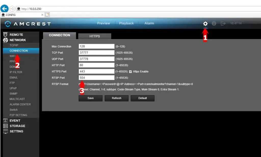 Amcrest Connection Settings Screenshot