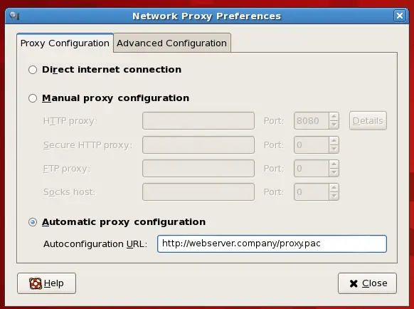 Red Hat 6 Proxy Settings Dialog
