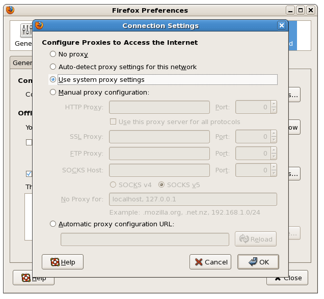 Firefox Proxy Settings Dialog