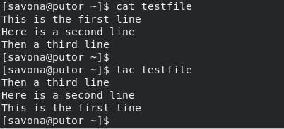 Screenshot showing the output of the cat command vs the tac command.
