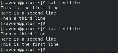 Screenshot showing the output of the cat command vs the tac command.