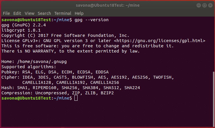 Screenshot showing output of gpg version command and list of supported ciphers.