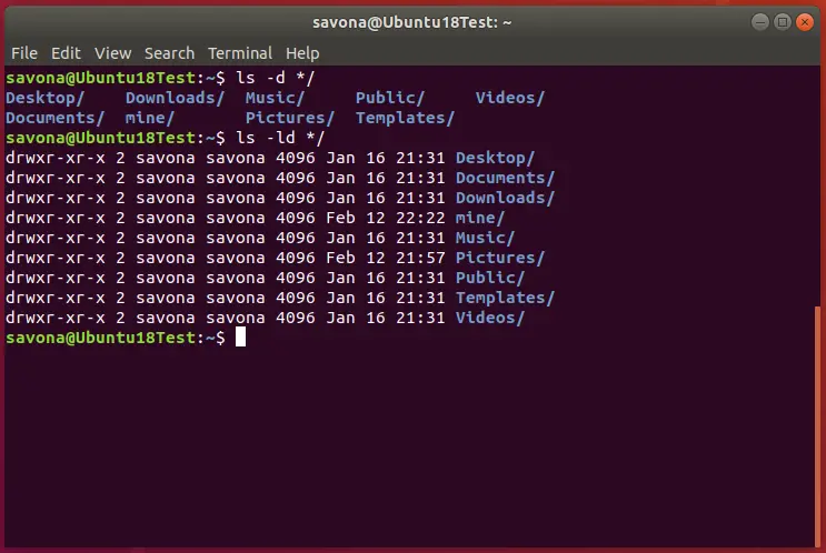 Screenshot of terminal showing the output of ls command using -d switch.  Listing only directories.