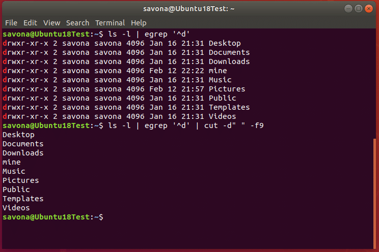 Screenshot of terminal showing output of ls command using grep to show only directories. ls -l | egrep '^d'.