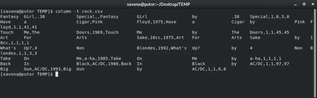 Screenshot of Linux Column command using the -t table option