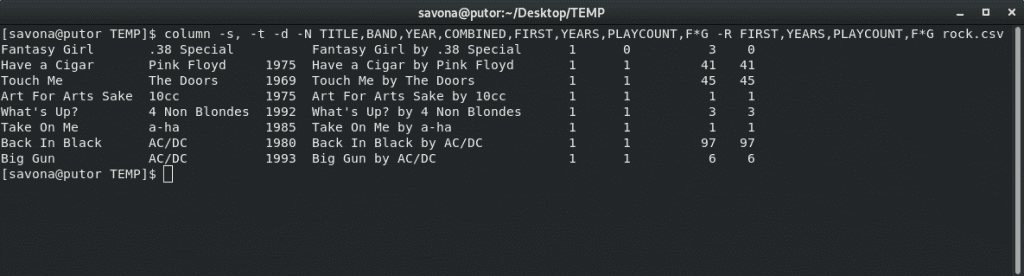 Screenshot showing the Linux column command with aligned columns, but hidden header