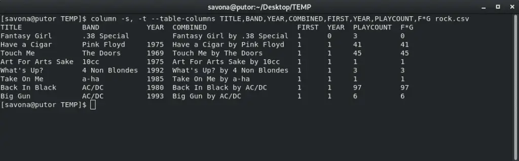Screenshot of Linux column command using custom separator and headers