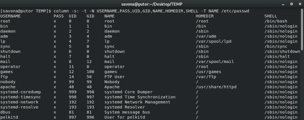 Screenshot of the column command with truncation turned on for a single column