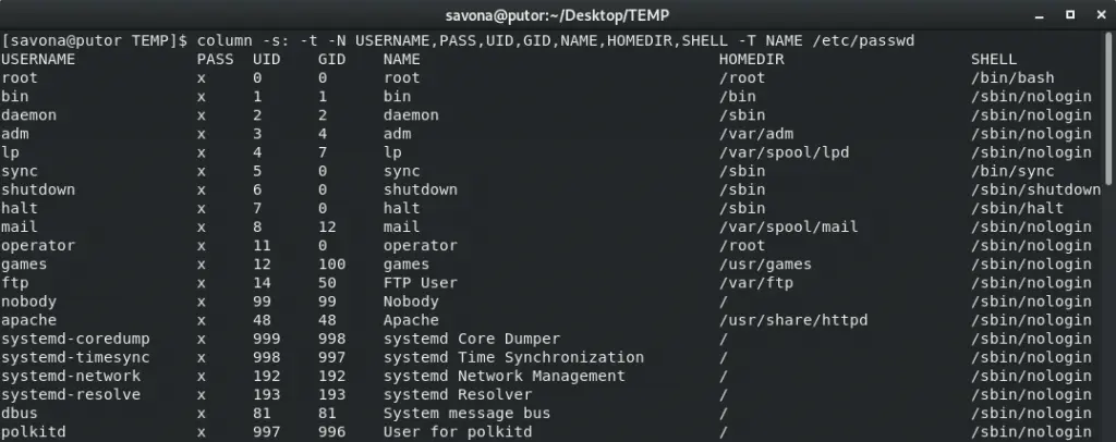 Screenshot of the column command with truncation turned on for a single column