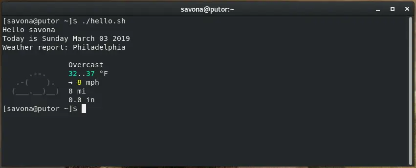 A screenshot showing the output of the hello script.