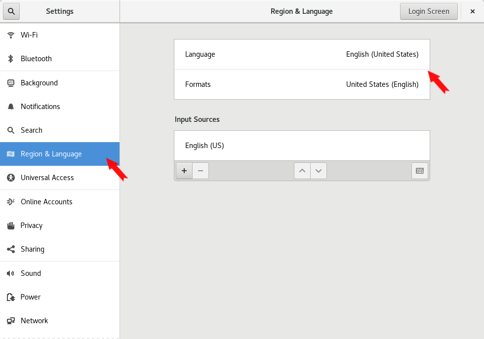 Region and Language Settings in the Gnome Settings Panel