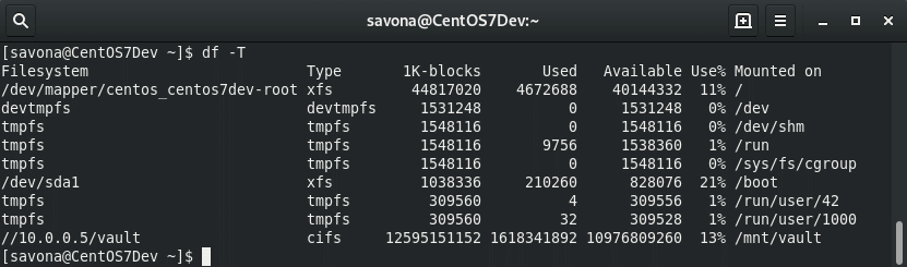 Output of the Linux df utility showing file system type.