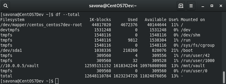 Linux df command showing grand totals for all columns