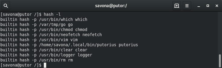 Screenshot of terminal using the hash command to list bash hash table in a long format to be used as input