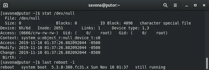 screenshot showing the properties of the dev null file on Linux