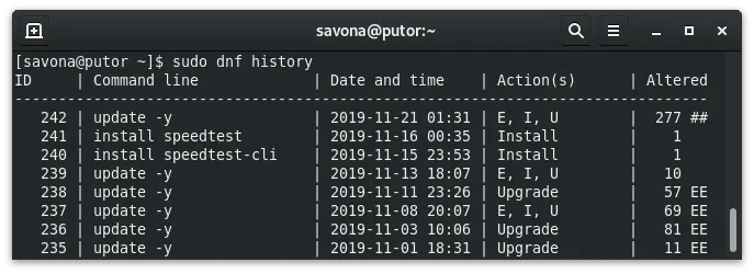 Screen shot showing the DNF history command and it's output