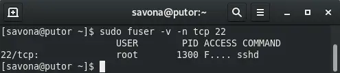 Screenshot of using the fuser command to find process listening on a port