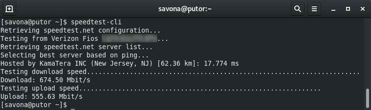 Screenshot of internet speed test being ran from the Linux command line