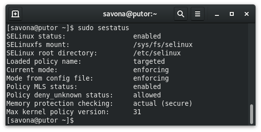 Screenshot showing status of SELinux from the Linux command line.
