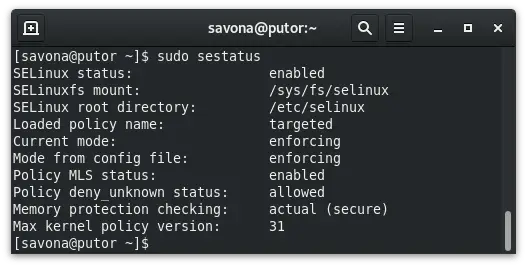 Screenshot showing status of SELinux from the Linux command line.