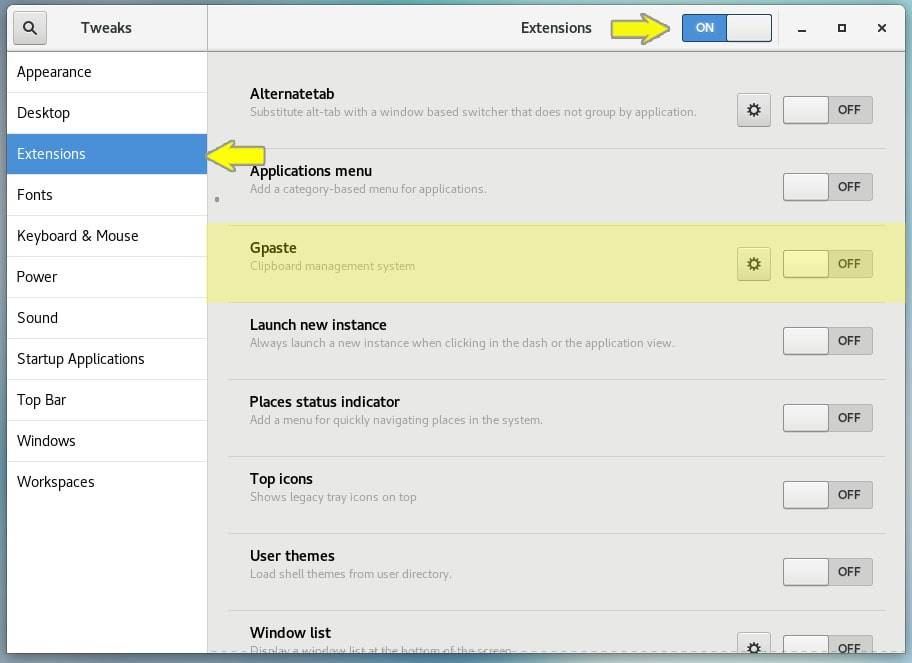 Gnome Tweaks screenshot showing how to enable the gpaste extension