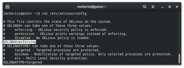 Screenshot of Linux terminal showing SELinux configuration file