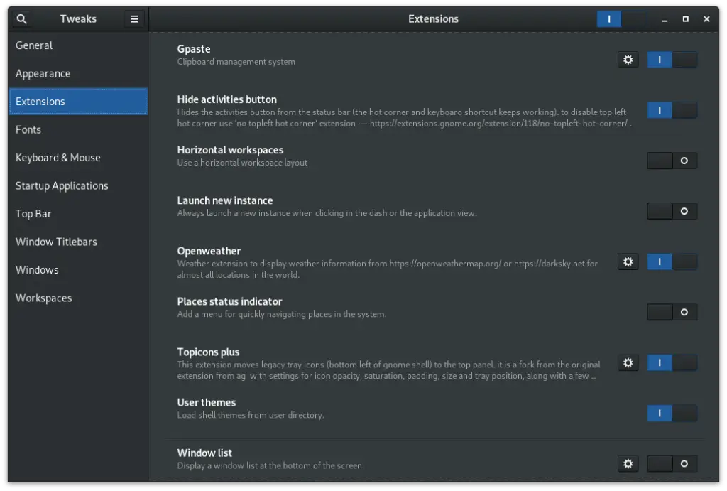 Enable extensions in Gnome Tweak Tool Gnome Tweaks