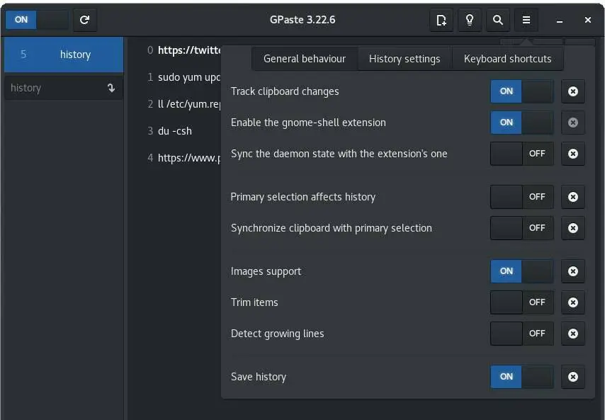 Gpaste clipboard manager for gnome main settings dialog