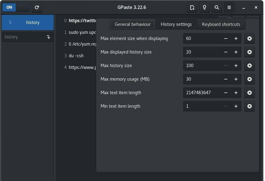 Gpaste clipboard manager for gnome history settings dialog