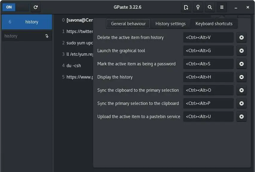 Gpaste clipboard manager for gnome keyboard shortcut settings dialog