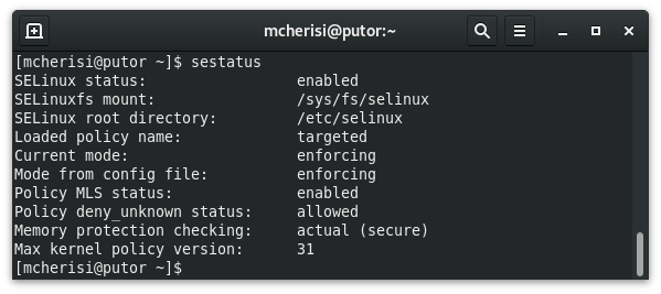 Linux terminal screenshot showing the output of the sestatus command for SELinux 