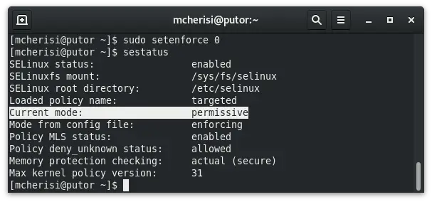 Screenshot of Linux terminal showing SELinux status after being placed in permissive mode.
