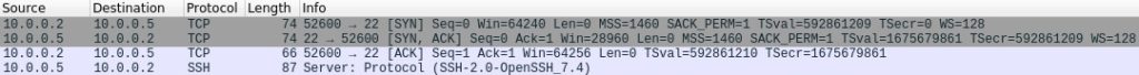 Example of 3 way handshake with SSH Software Banner in Wireshark