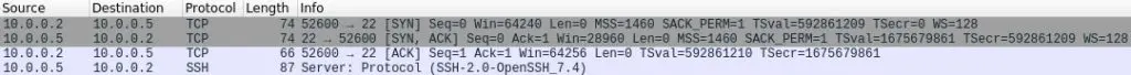 Example of 3 way handshake with SSH Software Banner in Wireshark