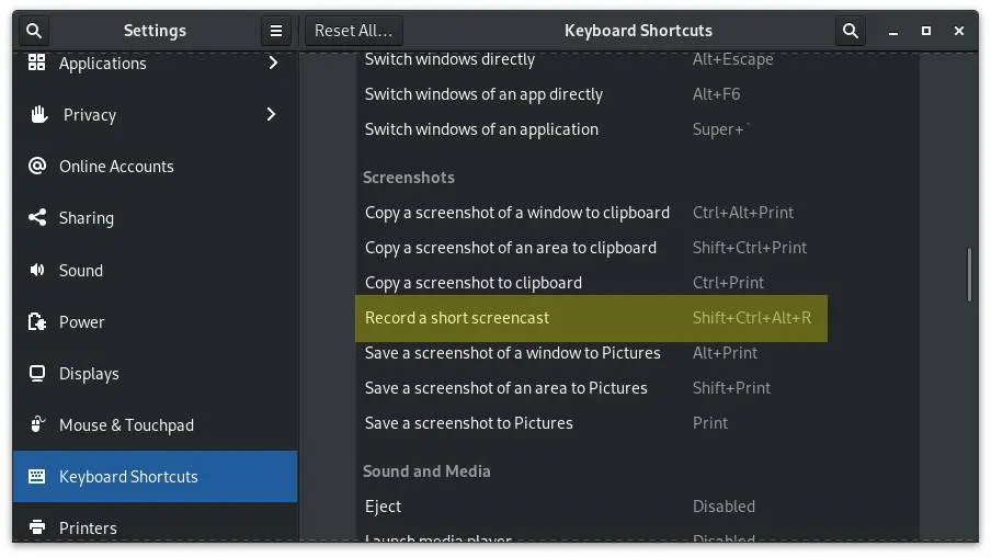 Editing keyboard shortcuts in gnome settings panel