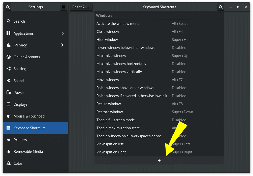 Gnome Keyboard Shortcuts Settings Panel showing how to add shortcut