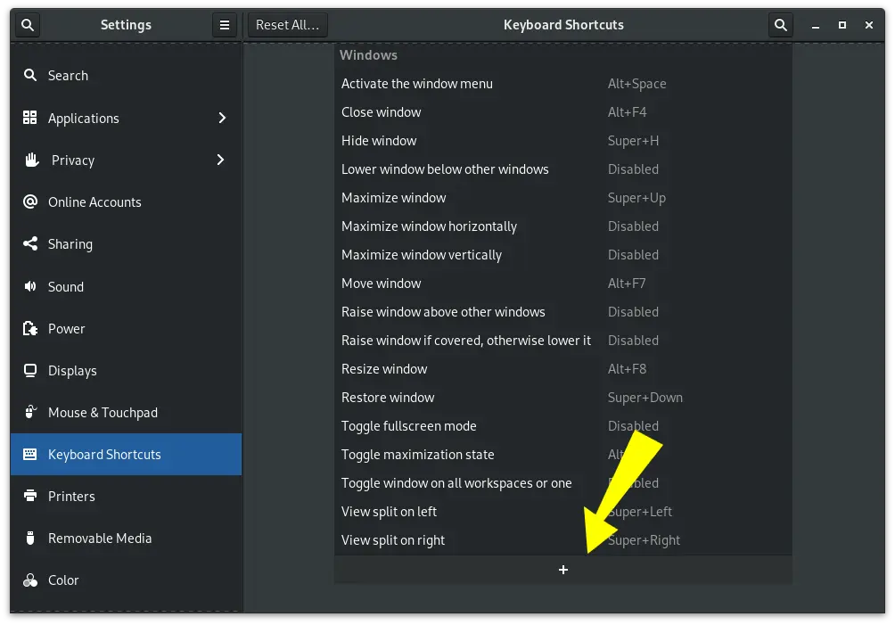 Gnome Keyboard Shortcuts Settings Panel showing how to add shortcut
