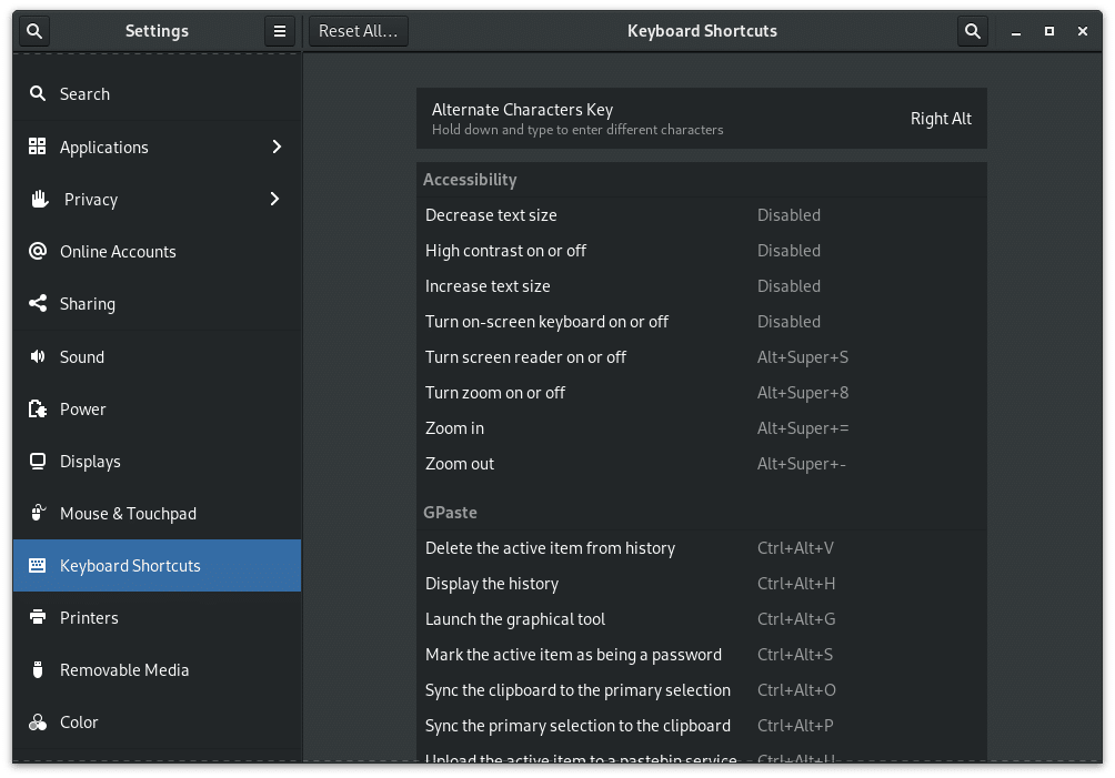 Gnome Keyboard Shortcuts Settings Panel