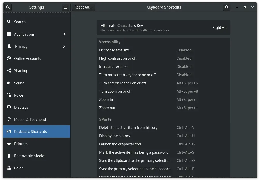 Gnome Keyboard Shortcuts Settings Panel