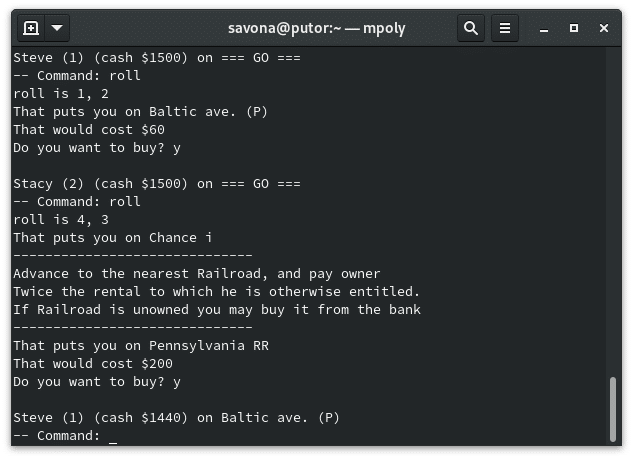 Monopoly game played on the Linux command line