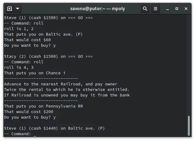 Monopoly game played on the Linux command line