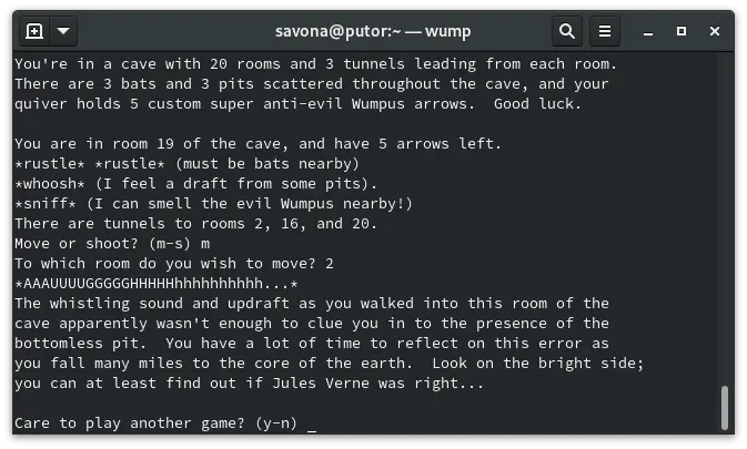Hunt the Wumpus text based Linux game