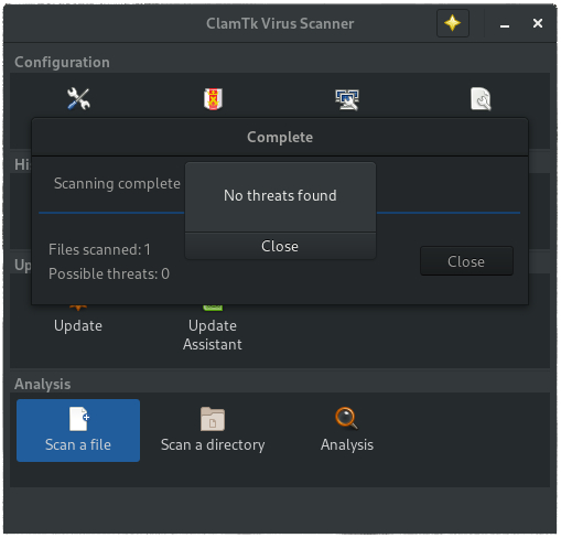 ClamTk no threats found dialog with clamav