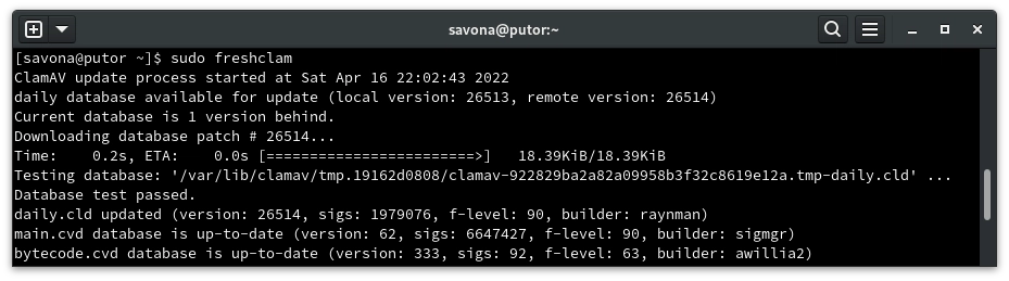 Using freshclam to update virus definition database for clamav