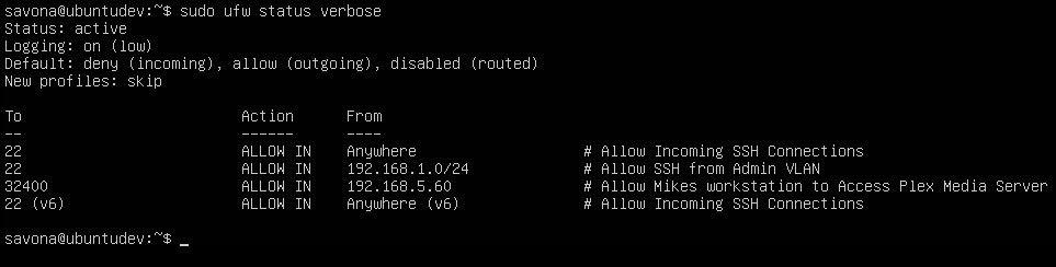 UFW uncomplicated firewall added comments